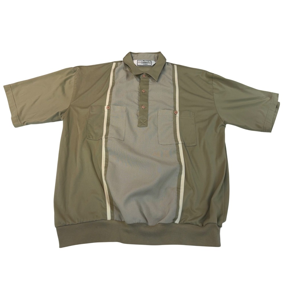 VTG Classics by Palmland Polo Shirt Green Houndstooth Panel Banded Hem Large Men